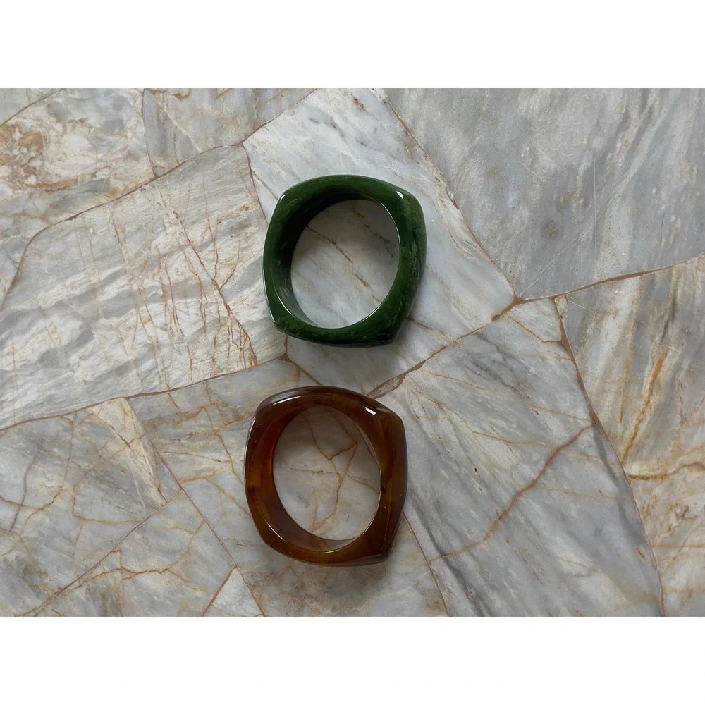 Vintage Style Chunky Square Bangle Bracelet Set Amber Tortoise & Marbled Green - Picture 4 of 8